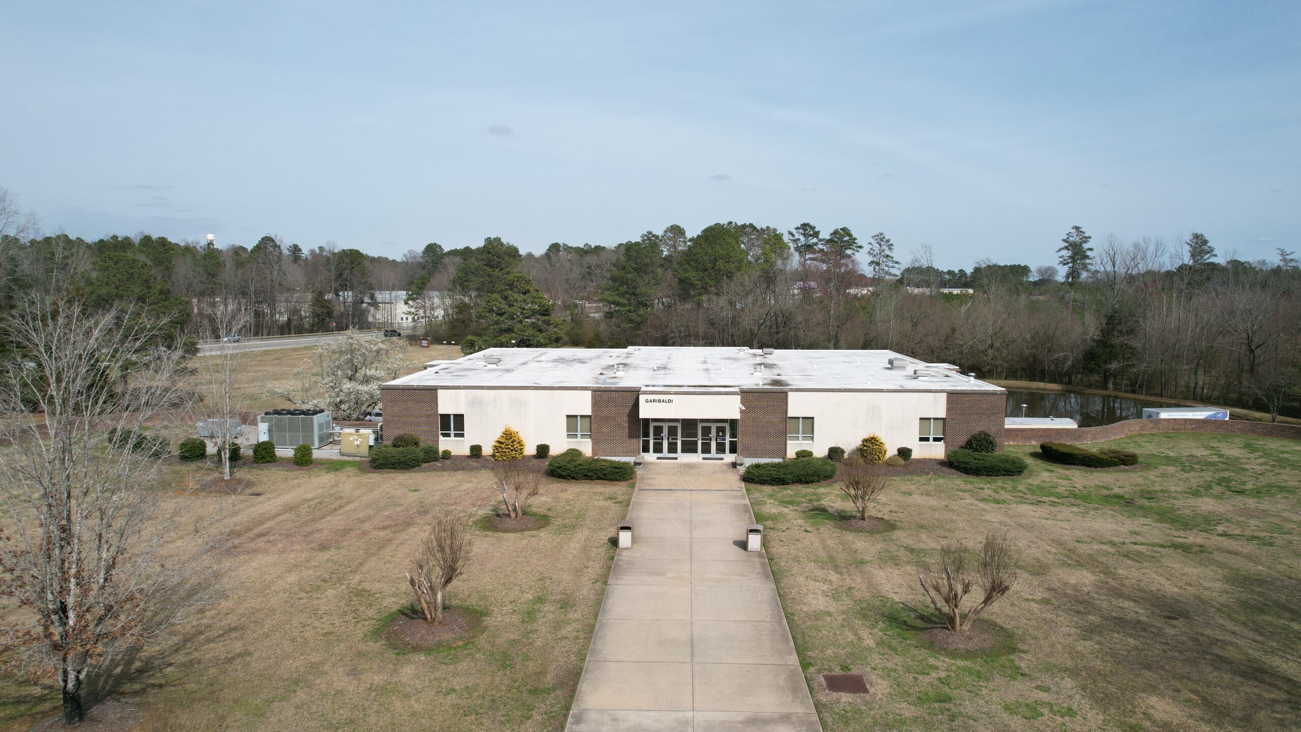 Drone shot of the Garibaldi building on South Piedmont's Polkton campus.
