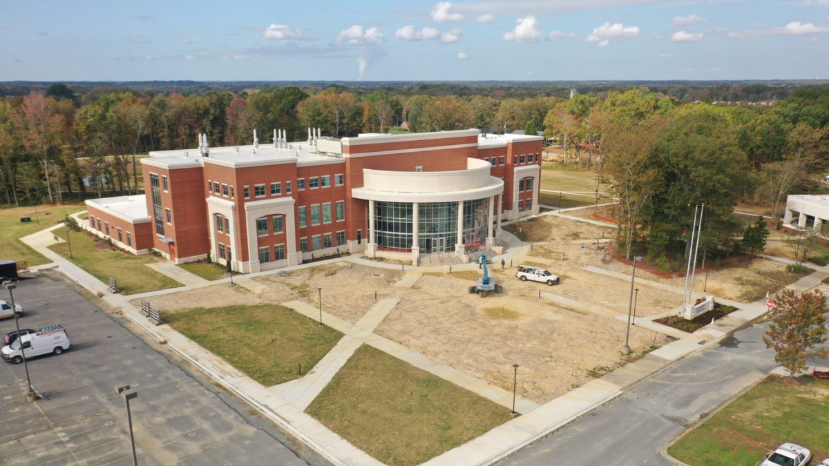 Drone shot of Monroe's Main building during its construction phase.