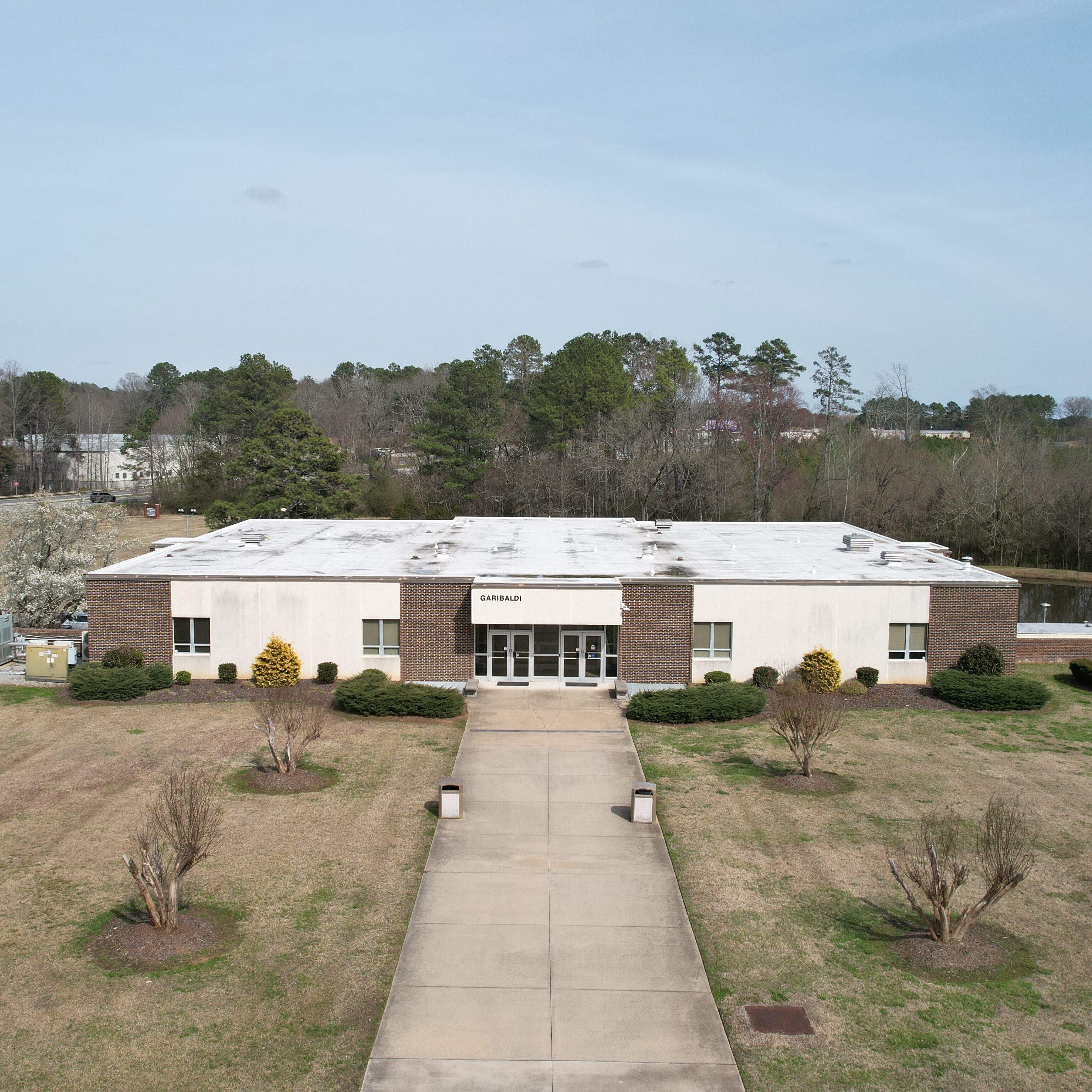 Drone shot of the Garibaldi building on South Piedmont's Polkton campus.