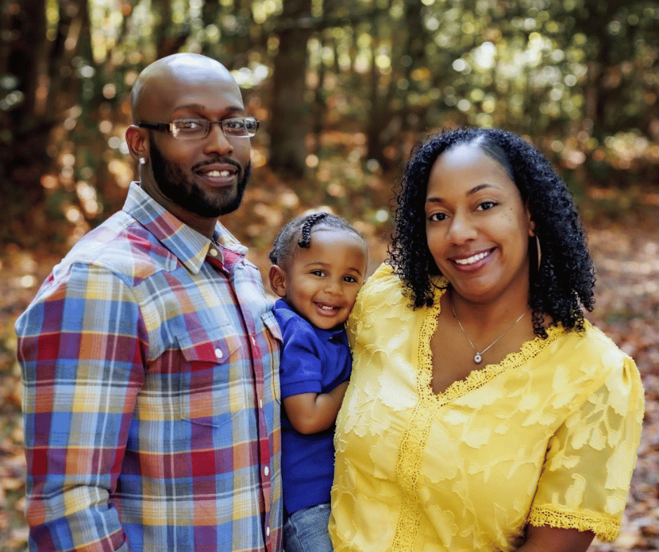 Photo of South Piedmont Associate in Arts in a Year student Tiffany Perry with her husband and young child.