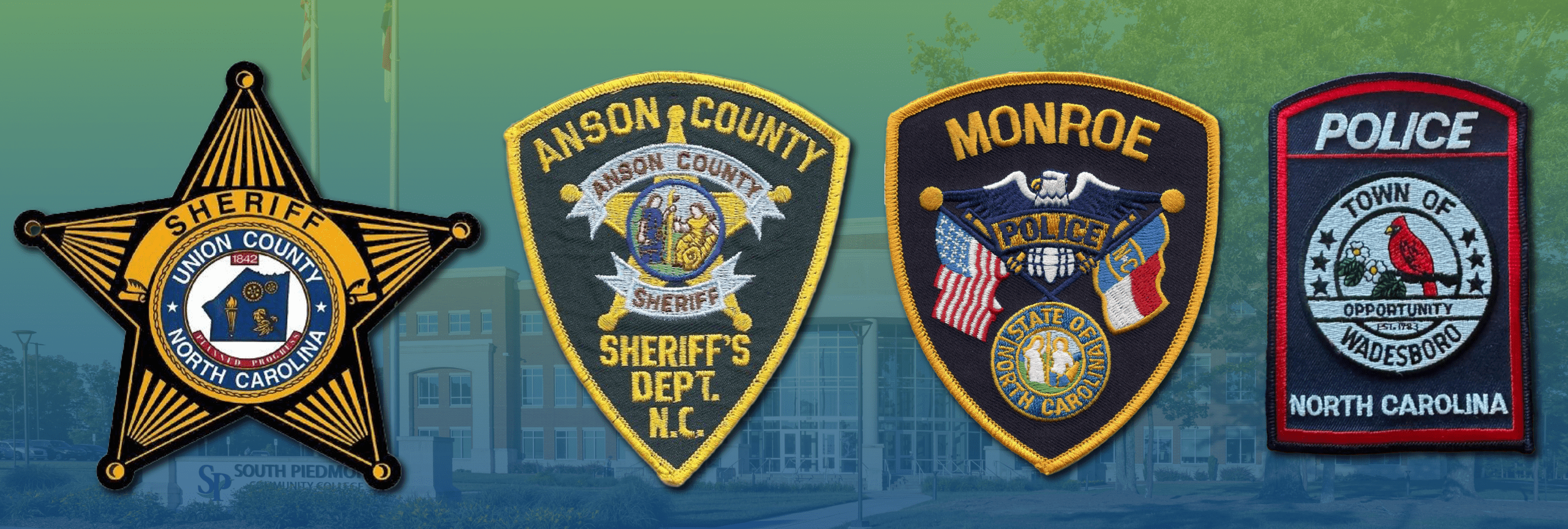 Badges representing local law enforcement agencies in Anson and Union counties.