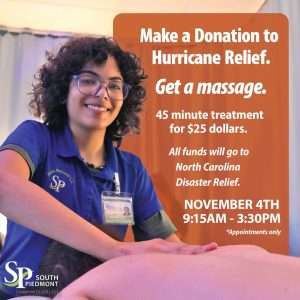 A graphic image advertising massages for Hurricane Helene relief.