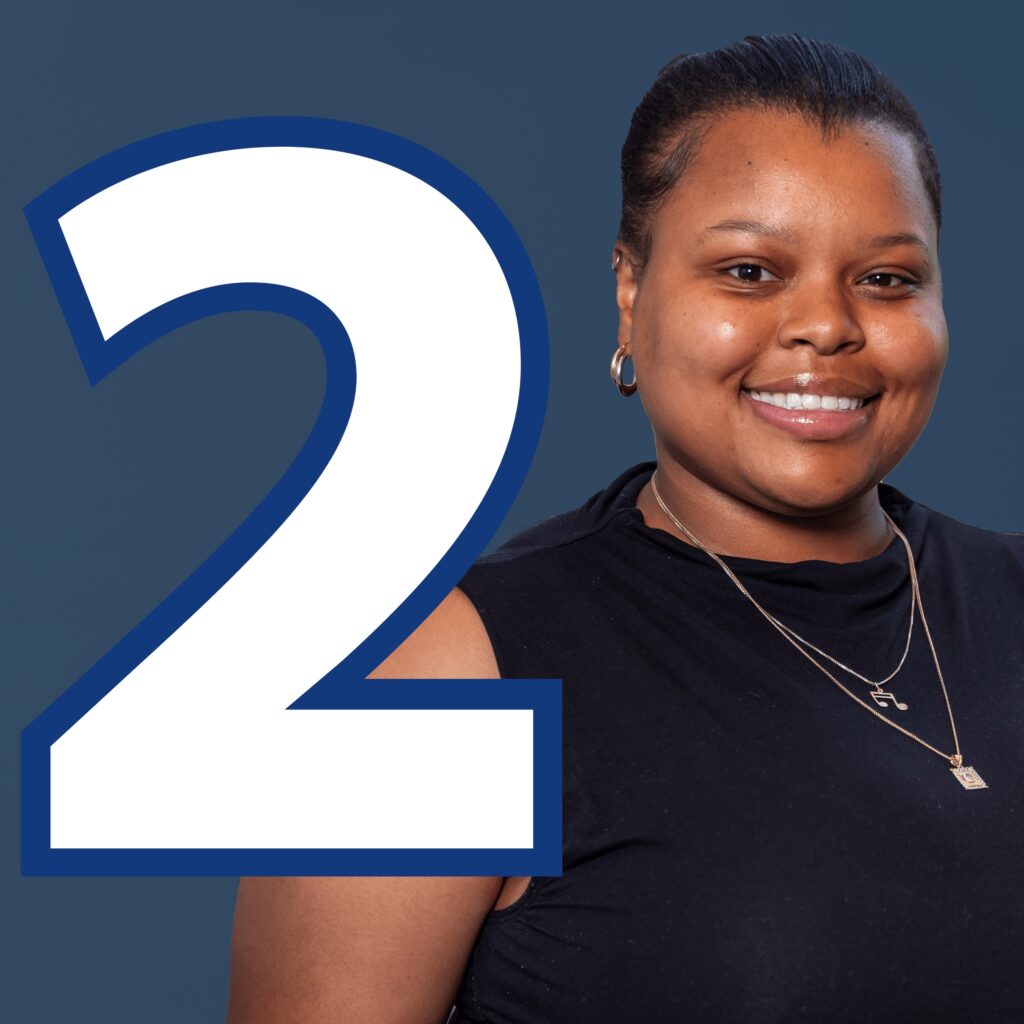 A graphic image of a woman looking at the camera with a large "2" overlaid.