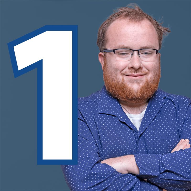 A graphic image of a man looking at the camera with a large "1" overlaid.