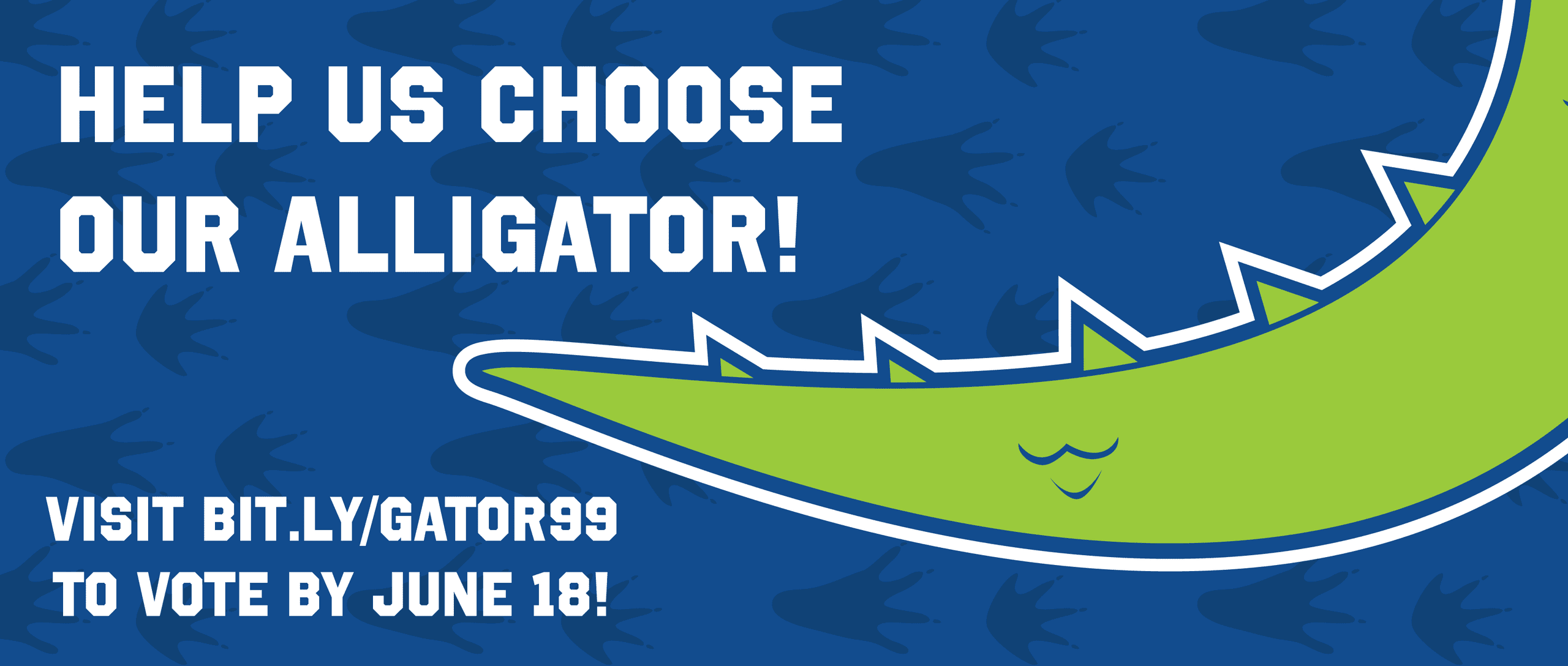 Graphic promoting a mascot vote with the text 'Help Us Choose Our Alligator! Visit bit.ly/gator99 to vote by June 18!' The image features a cartoon green alligator tail with blue background patterned with alligator footprints.