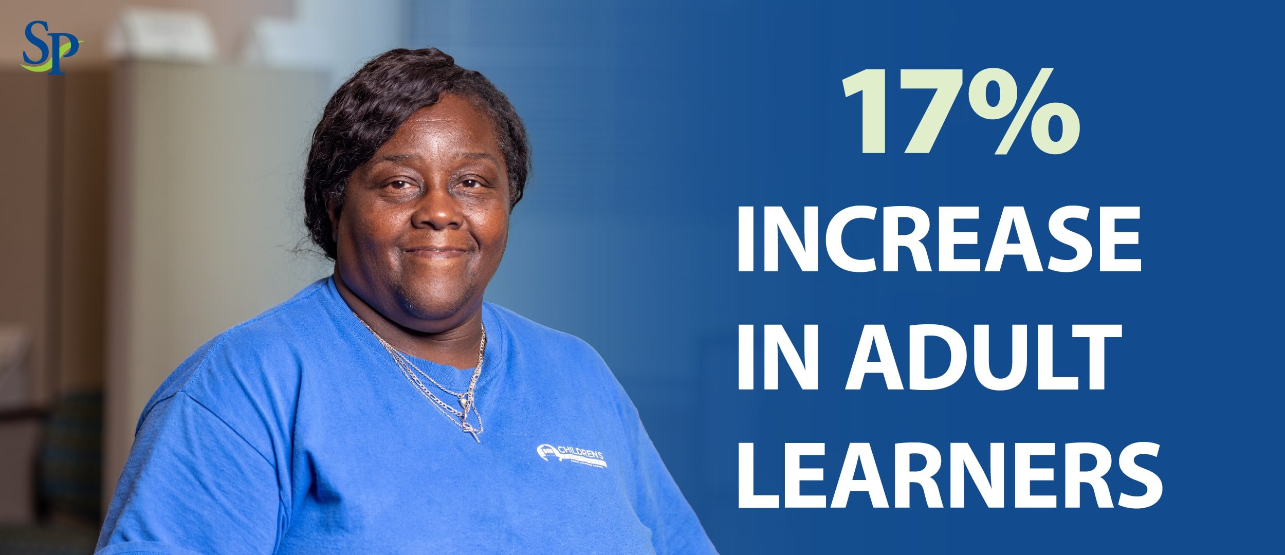 Photo of an adult female learner with the text, "17% Increase in Adult Learners".
