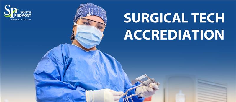 female surgical tech student in scrubs with the text, "Surgical Tech Accrediation"