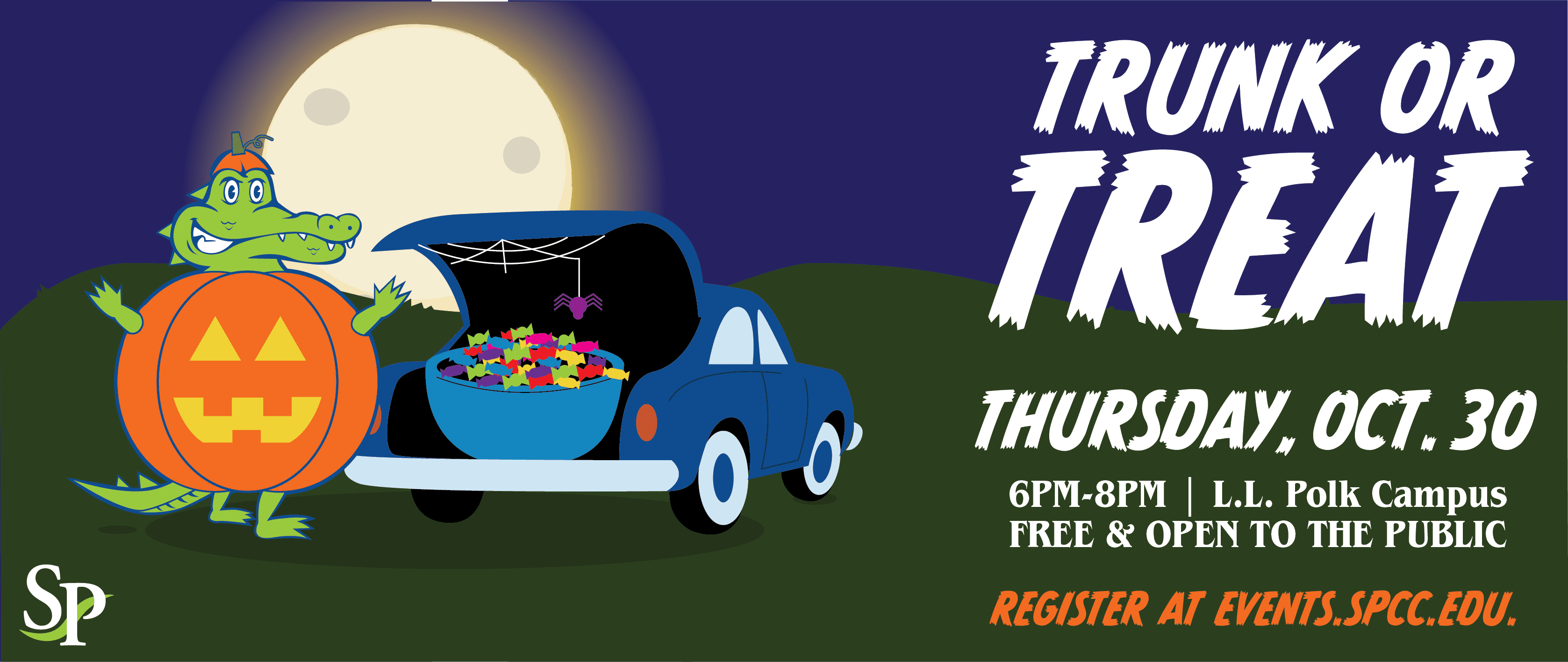 Graphic of South Piedmont's Mascot Al the Gator recieving candy at trunk or treat. With the text, "Trunk or Treat" on Thursday, October 30th. 6 to 8 pm at the L.L. Polkton Campus. Free and open to the public. Register at events.spcc.edu.