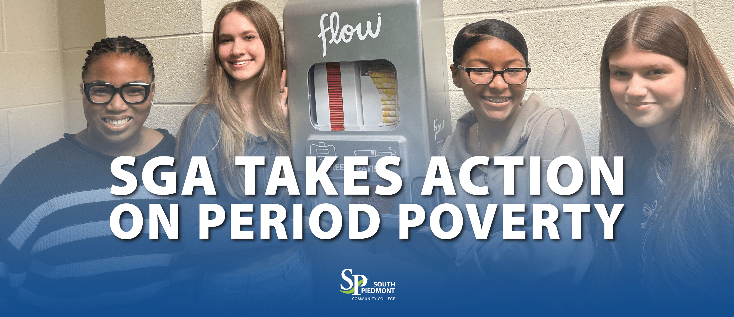 Photo of female students all smiling and gathered around a feminine hygiene product dispenser. The text on the photo reads, "SGA takes action on period poverty."