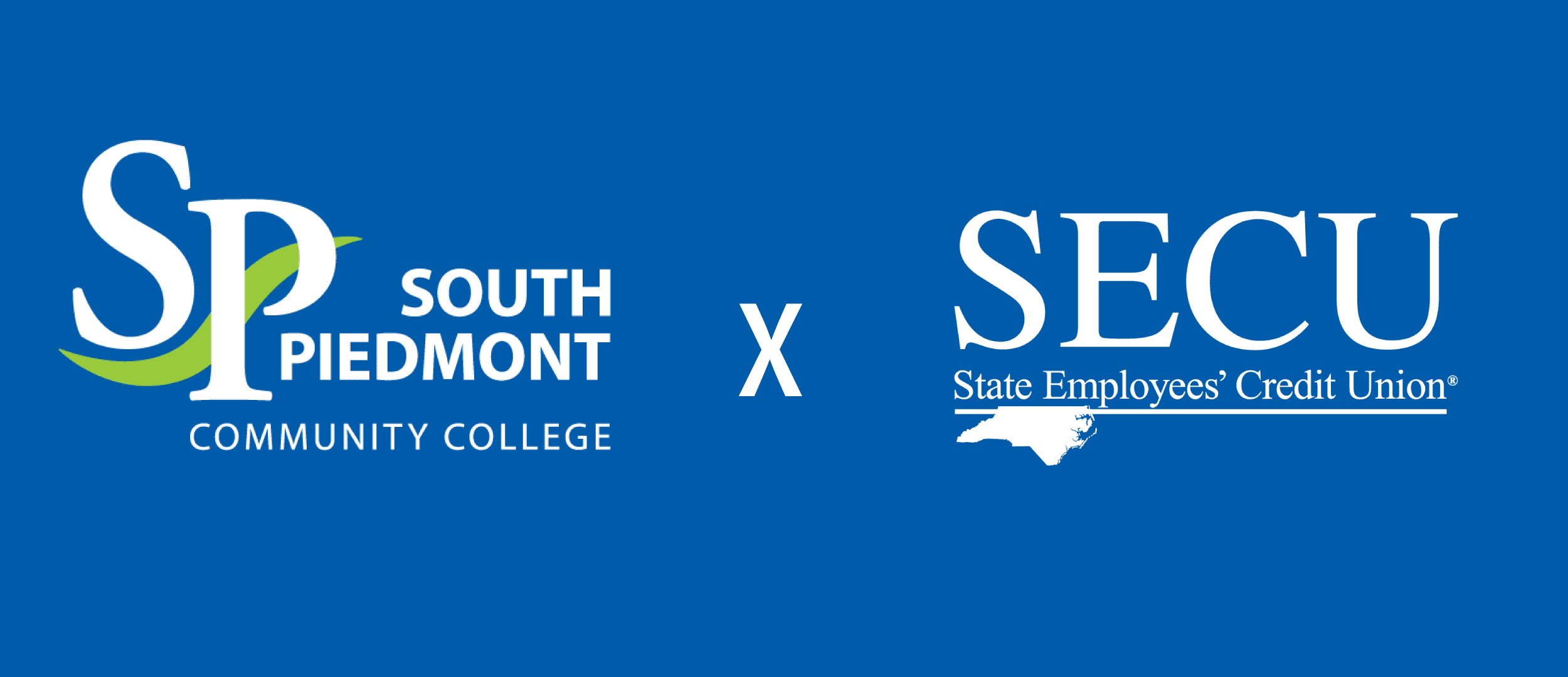South Piedmont Com,uity College logo nect to the State Employees Credit Union Logo on a blue backgound to represent parternship.