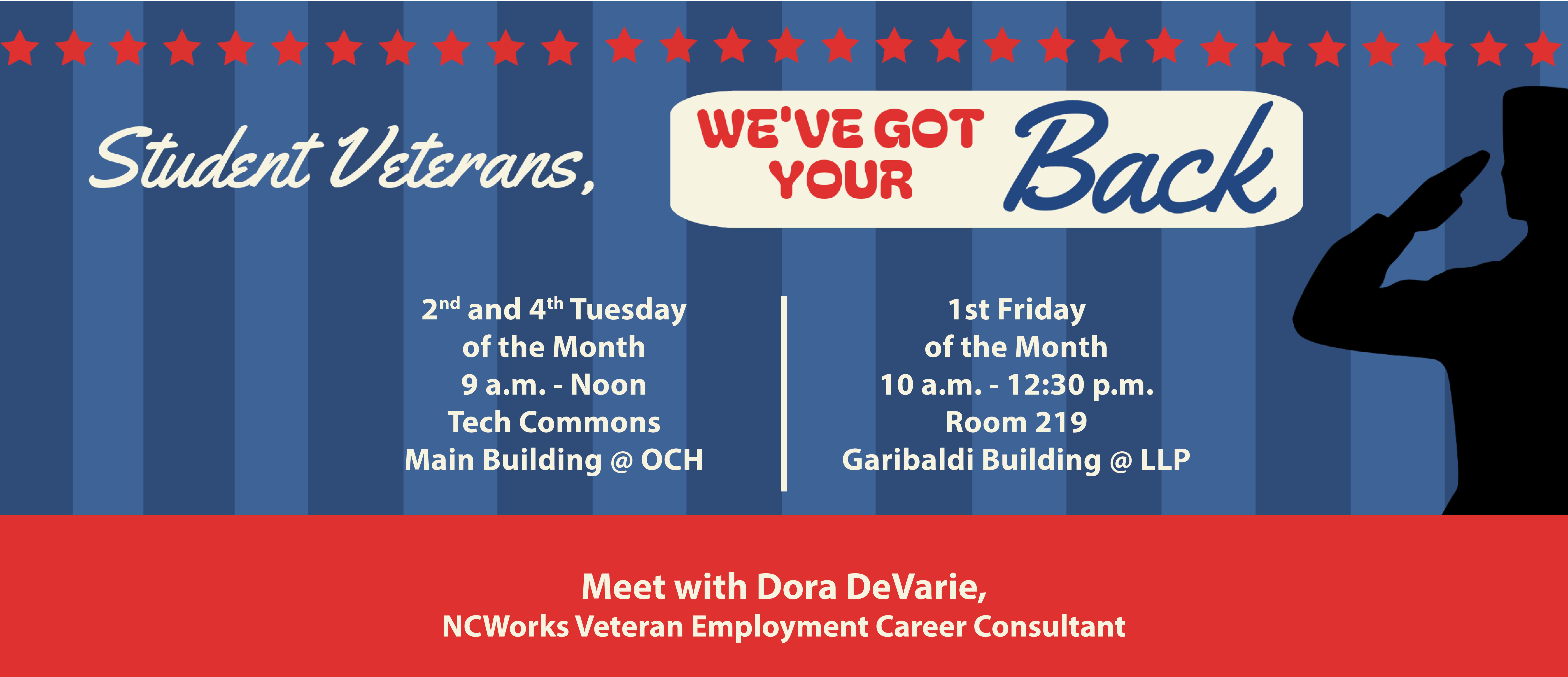 Banner reading “Student Veterans, We’ve Got Your Back” with patriotic red, white, and blue design and a silhouette of a saluting service member. It lists meeting times and locations: 2nd and 4th Tuesdays of the month, 9 a.m. to noon, Tech Commons, Main Building at OCH; and 1st Friday of the month, 10 a.m. to 12:30 p.m., Room 219, Garibaldi Building at LLP. Footer text reads: “Meet with Dora DeVarie, NCWorks Veteran Employment Career Consultant.”