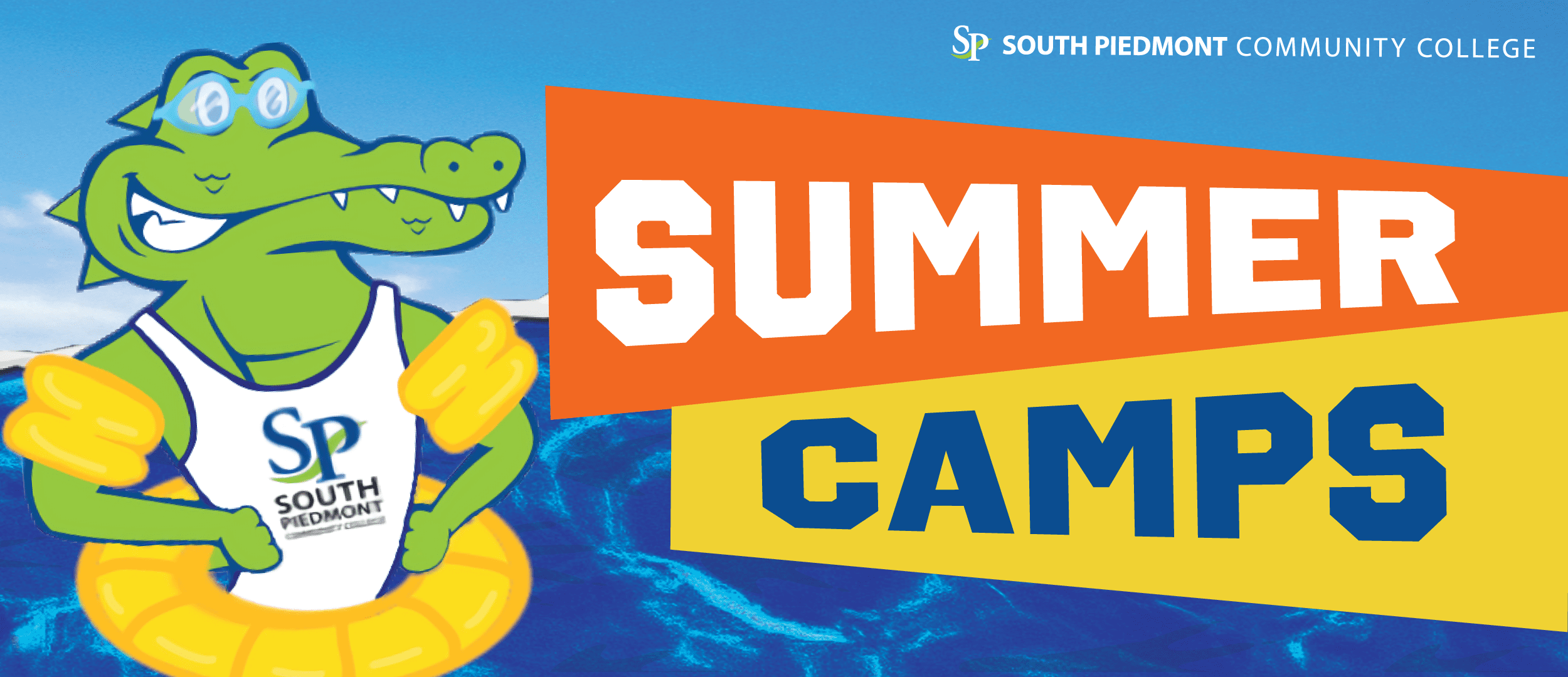 Banner for South Piedmont Community College Summer Camps featuring a cartoon green alligator mascot wearing goggles, a swim shirt with the SP logo, floaties, and a yellow inner tube, set against a blue water background with bold orange and yellow text reading “Summer Camps.”