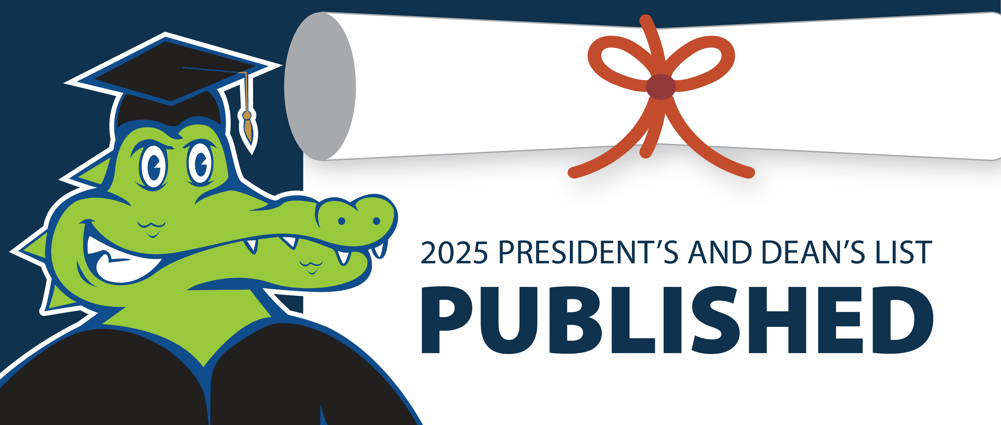 Al the Gator in his cap and gown with a scroll with South Piedmont Community College logo on it and the words, "2025 President's and Dean's List: Published".