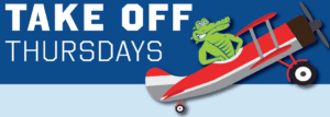 Graphic of Al the Gator, South Piedmont Community College's official mascot, on a red airplane. Caption says "Take Off Thursdays"