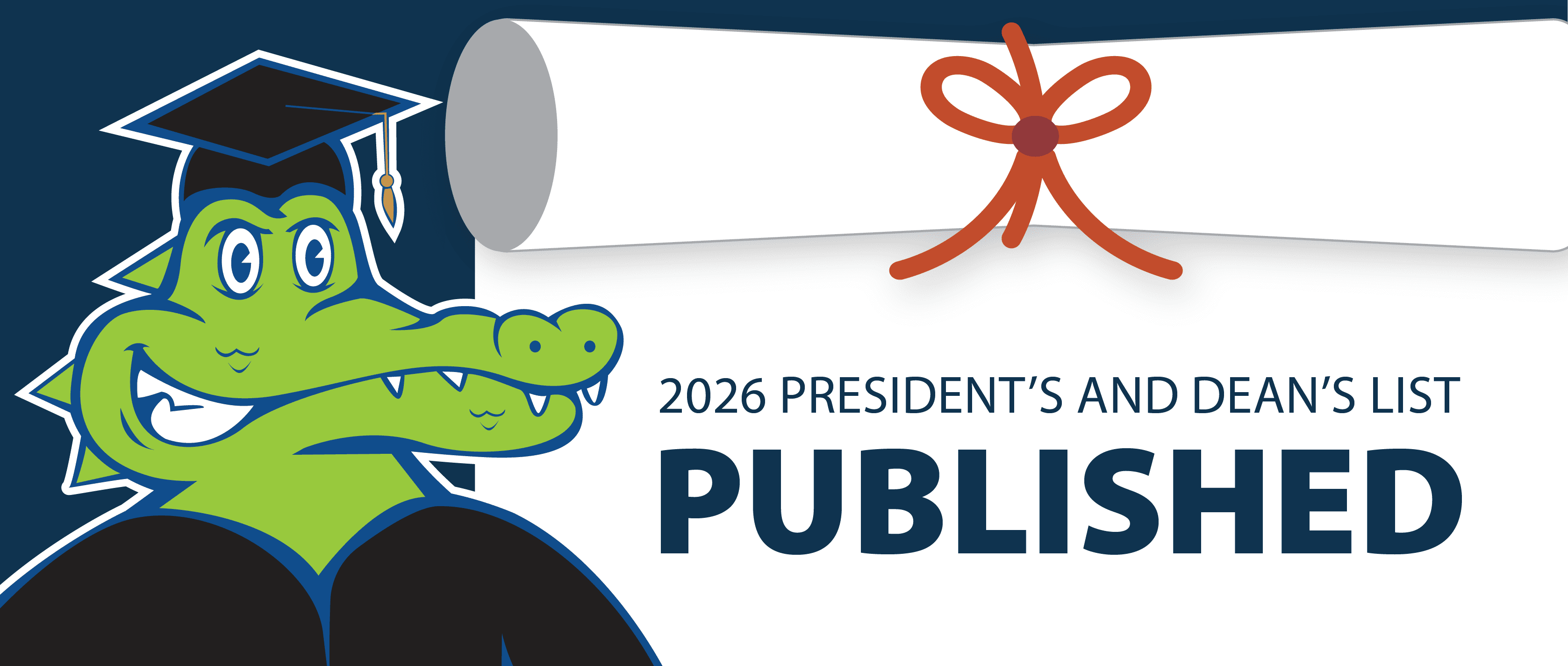 Illustration of Al the Gator, South Piedmont Community College's mascot, wearing a graduation cap and smiling beside a rolled diploma tied with an orange ribbon. The text reads, "2026 President's and Dean's List Published" on a white background with a dark blue banner across the top.