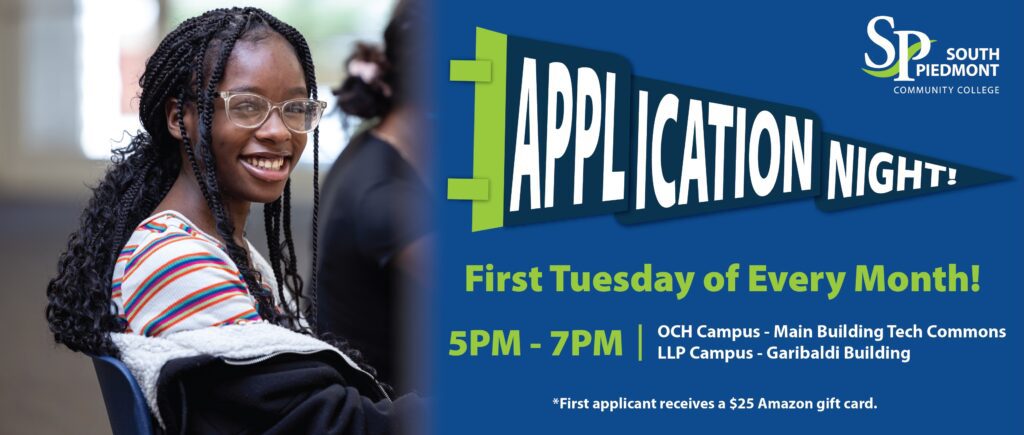 A promotional web banner for South Piedmont Community College advertises “Application Night” on Tuesday, June 2, from 5–7 p.m. at the OCH Campus Main Building Tech Commons.