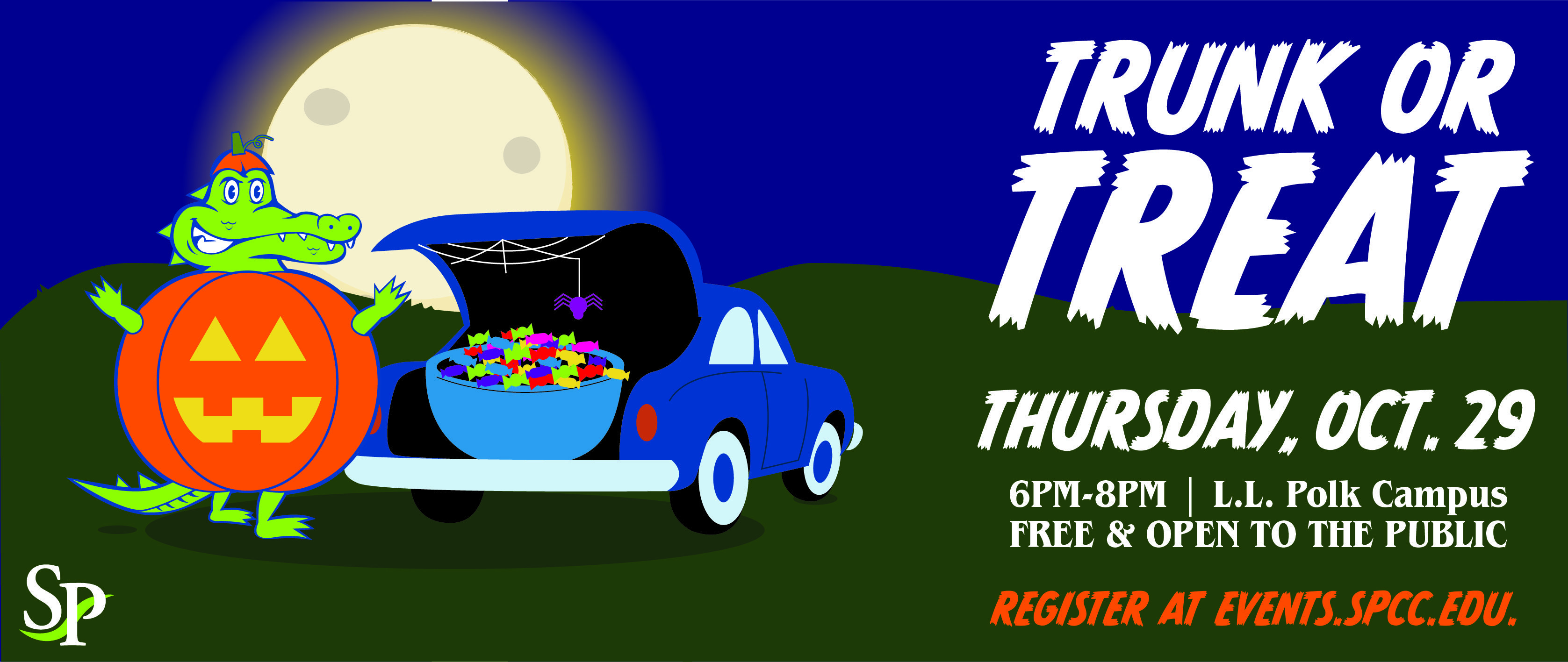 Web banner promoting South Piedmont’s Trunk or Treat event. The graphic features Al the Gator dressed as a pumpkin beside a decorated blue car filled with candy. Text announces Trunk or Treat on Thursday, October 29, from 6–8 p.m. at the L.L. Polk Campus. The event is free and open to the public, with registration available at events.spcc.edu.